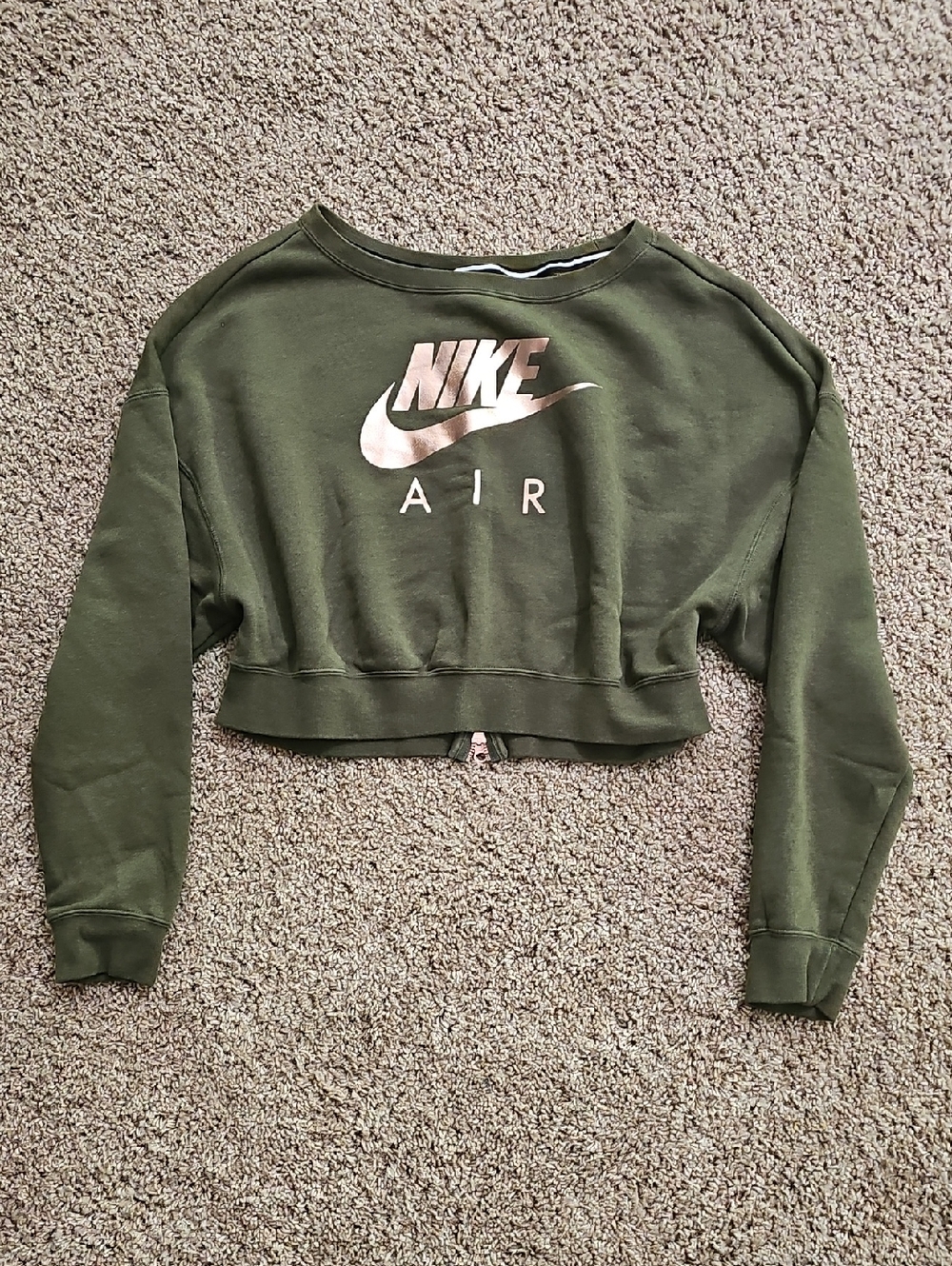 Nike Olive Cropped Crew Sweatshirt with Metallic Rose Logo